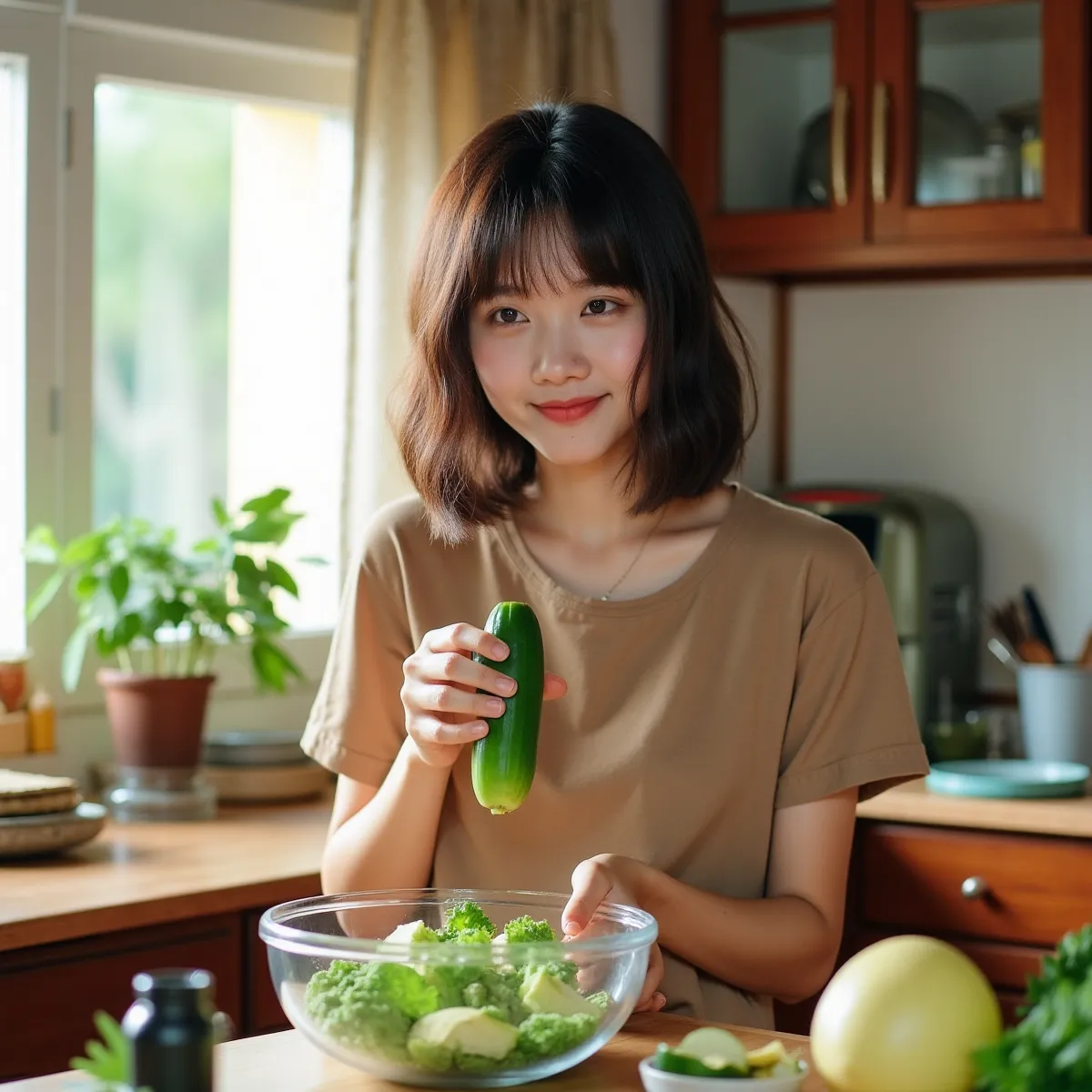 Một người phụ nữ đang chuẩn bị món salad dưa chuột bổ dưỡng trong một căn bếp sáng sủa.