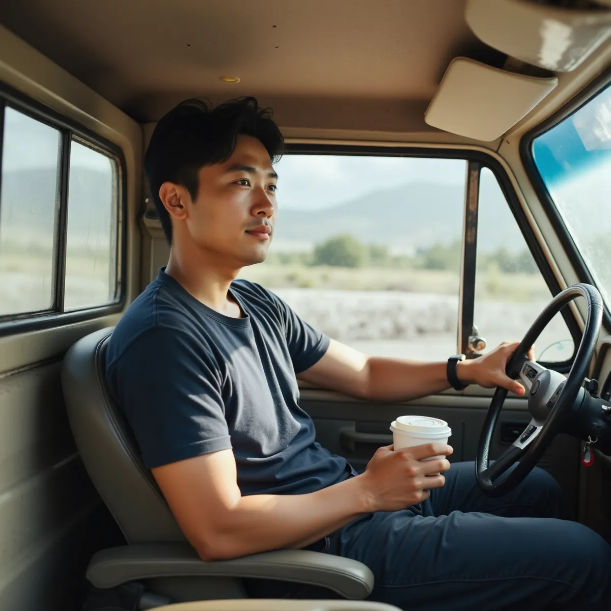 Tài xế trẻ và ly cà phê buổi sáng