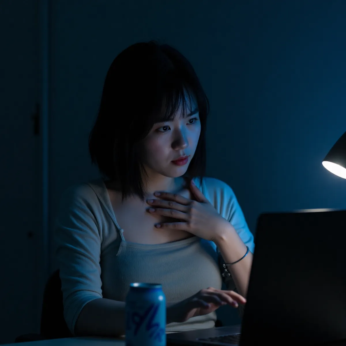 Cô gái mệt mỏi vì thức khuya và nước ngọt