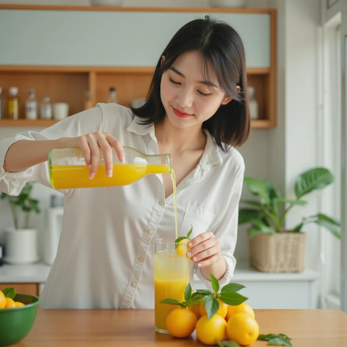 Cô gái uống nước chanh giúp thải acid uric