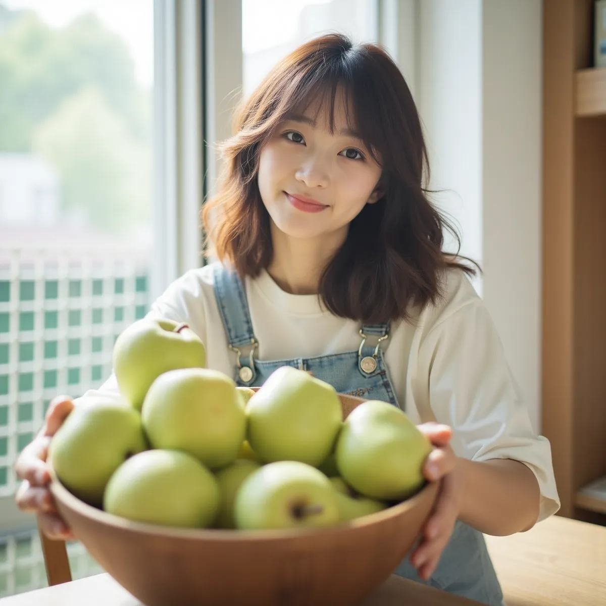 Cô gái thưởng thức quả lê tươi buổi sáng