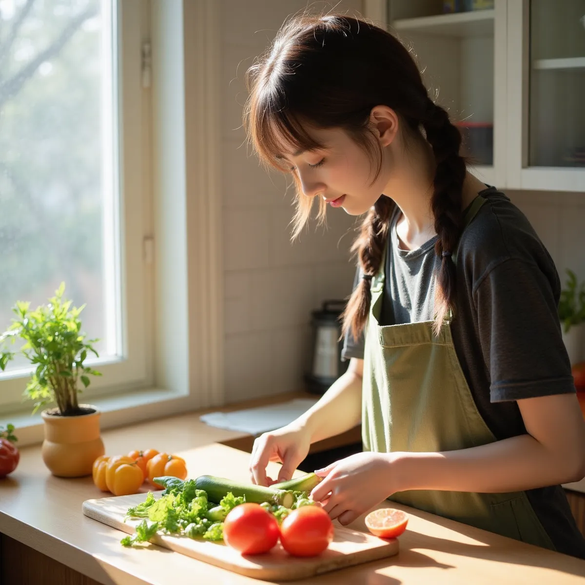 Một người phụ nữ đang chuẩn bị món salad dưa chuột bổ dưỡng trong một căn bếp sáng sủa.