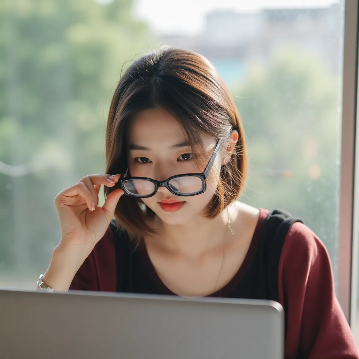 Cô gái mỏi mắt sau khi làm việc với máy tính